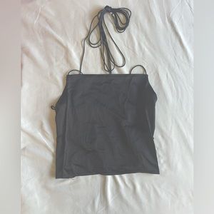 Black lace up silk top